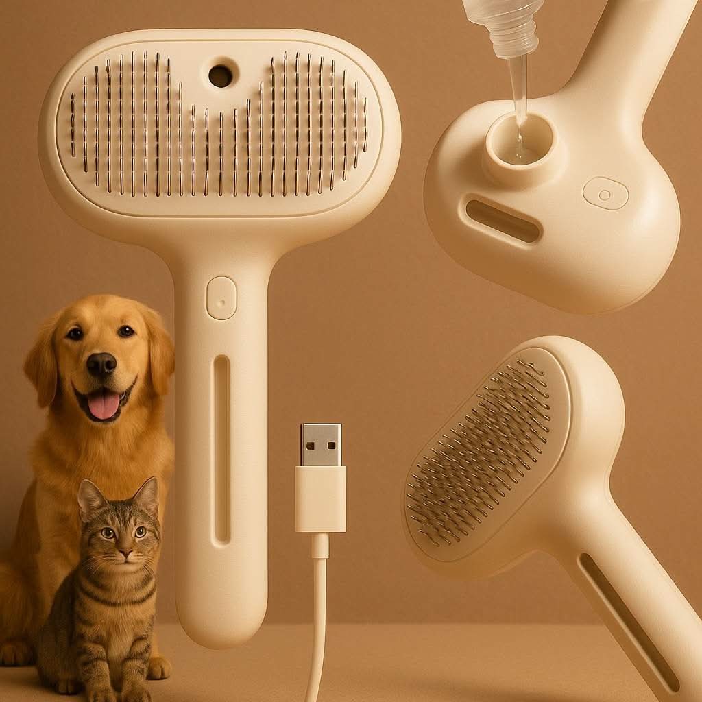 FluffyDen™ Gentle Spray Brush for Pets shown with water tank detail and USB cable, cat and dog included