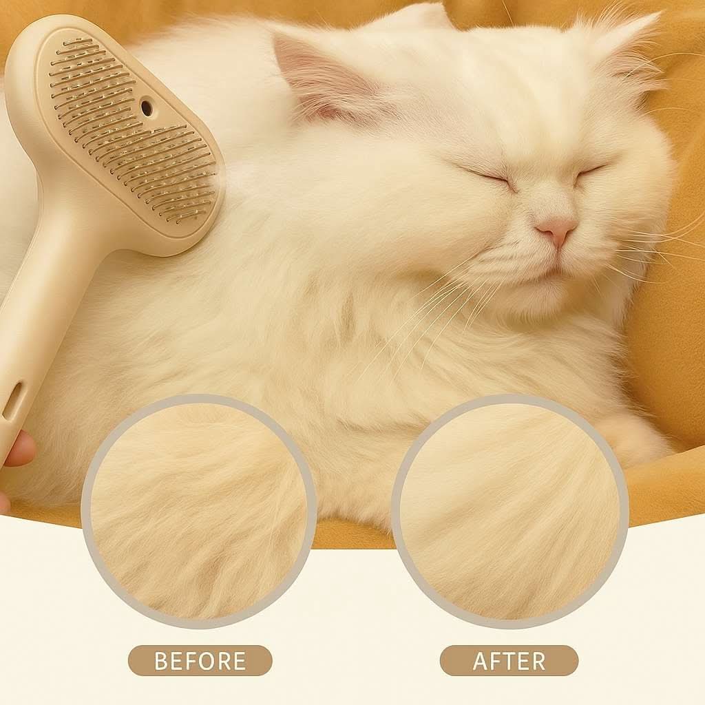 Before and after results using the FluffyDen™ Gentle Spray Brush on long-haired white cat
