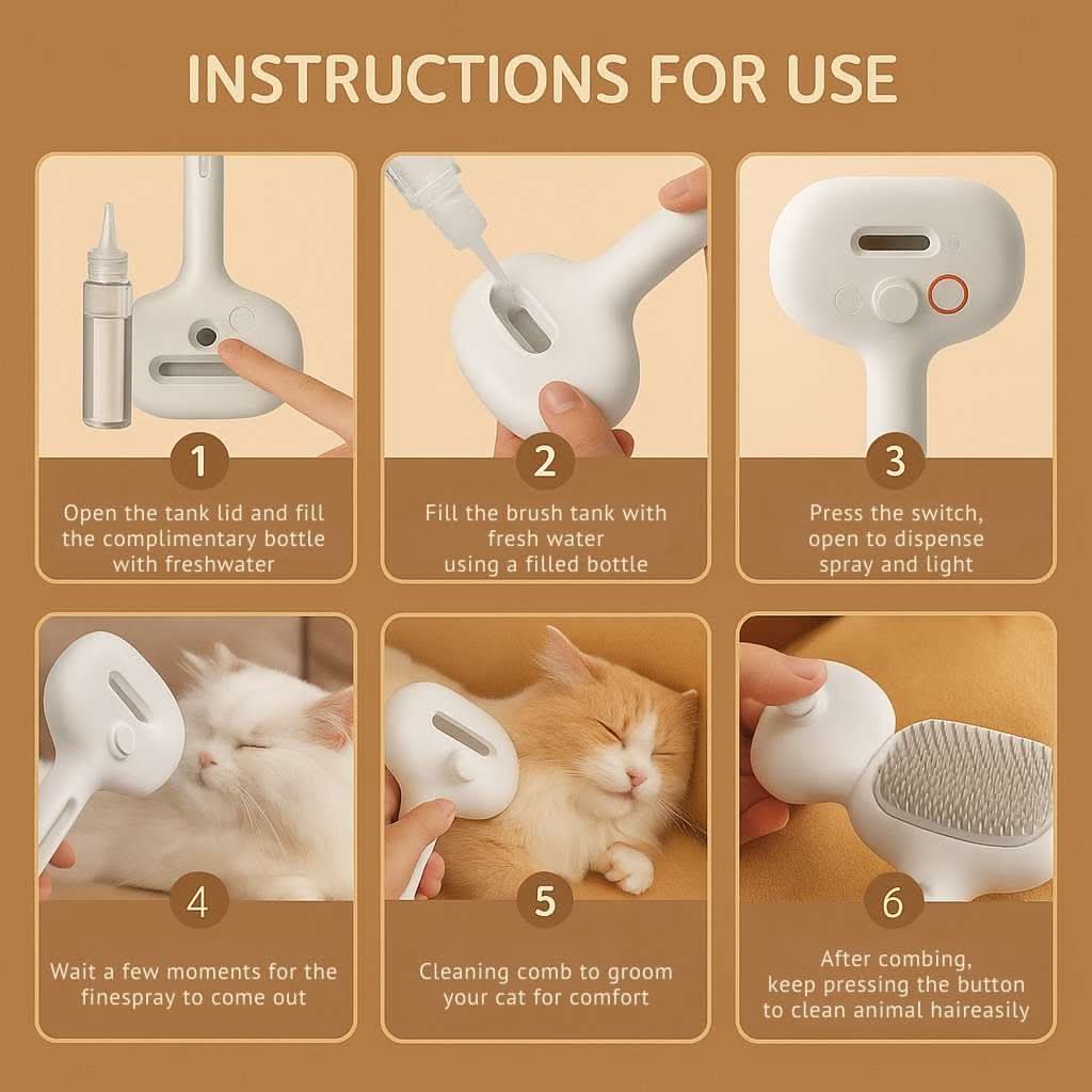 Step-by-step guide on how to use the FluffyDen™ Gentle Spray Brush with water mist function