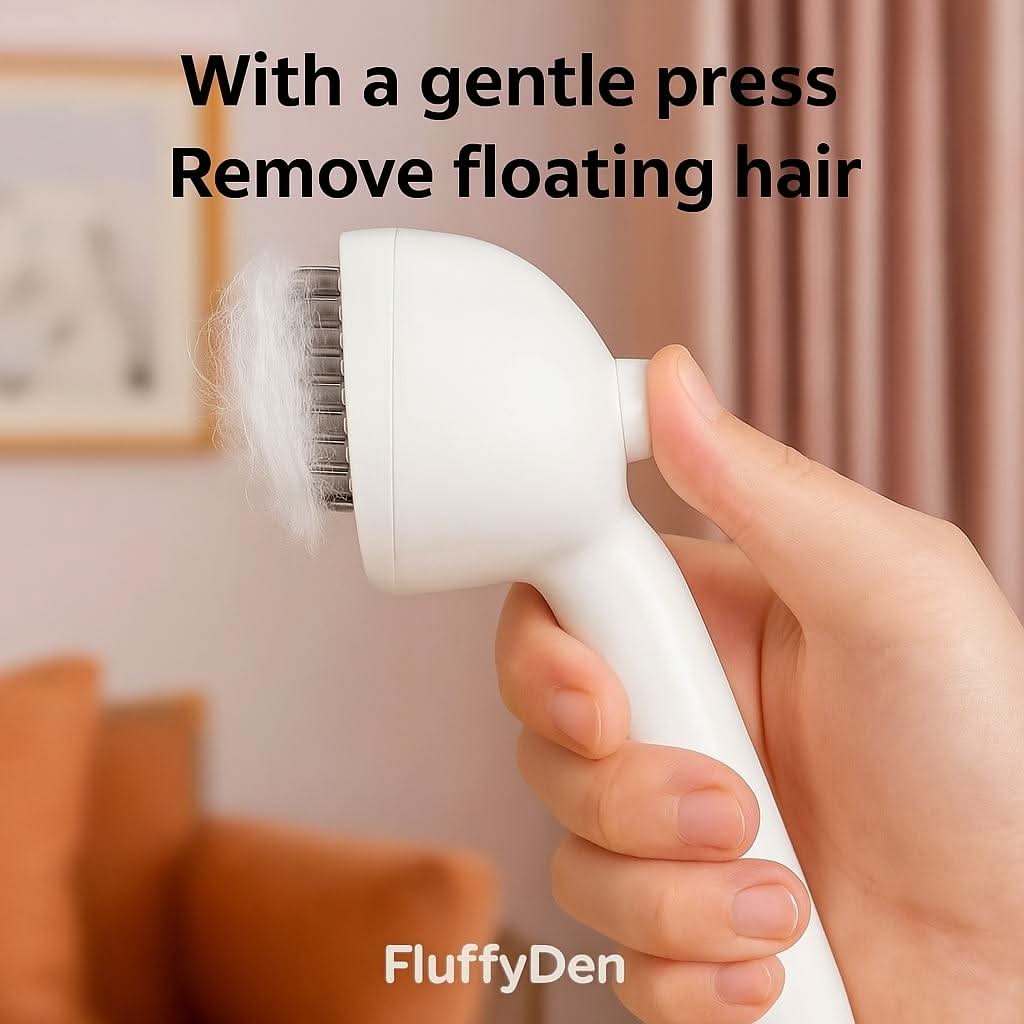 Close-up of FluffyDen™ Gentle Spray Brush cleaning pet hair with a single press