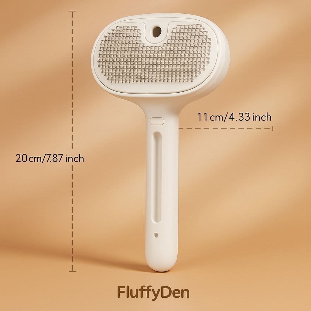FluffyDen™ Gentle Spray Brush dimensions — 20cm length and 11cm width, minimal beige background