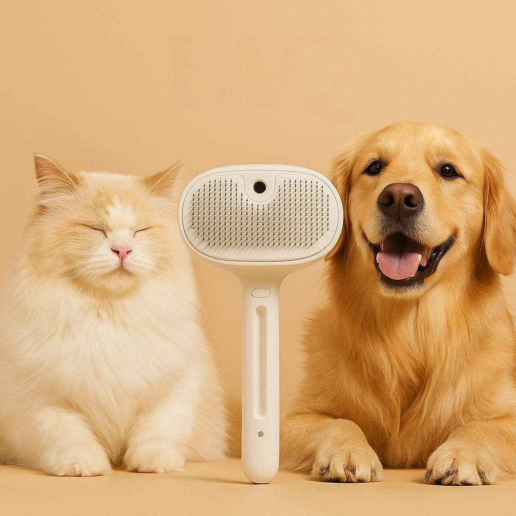 FluffyDen™ Gentle Spray Brush for Pets shown between a happy golden retriever and a fluffy cat, ideal for FAQ section on pet grooming tools.
