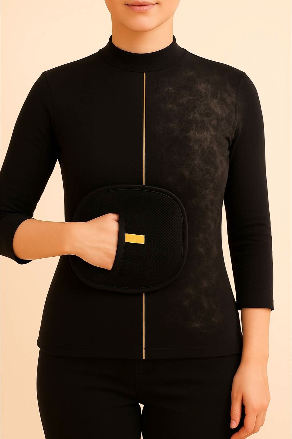 Woman wearing black showing before-and-after effect of using a pet hair remover glove on her shirt.