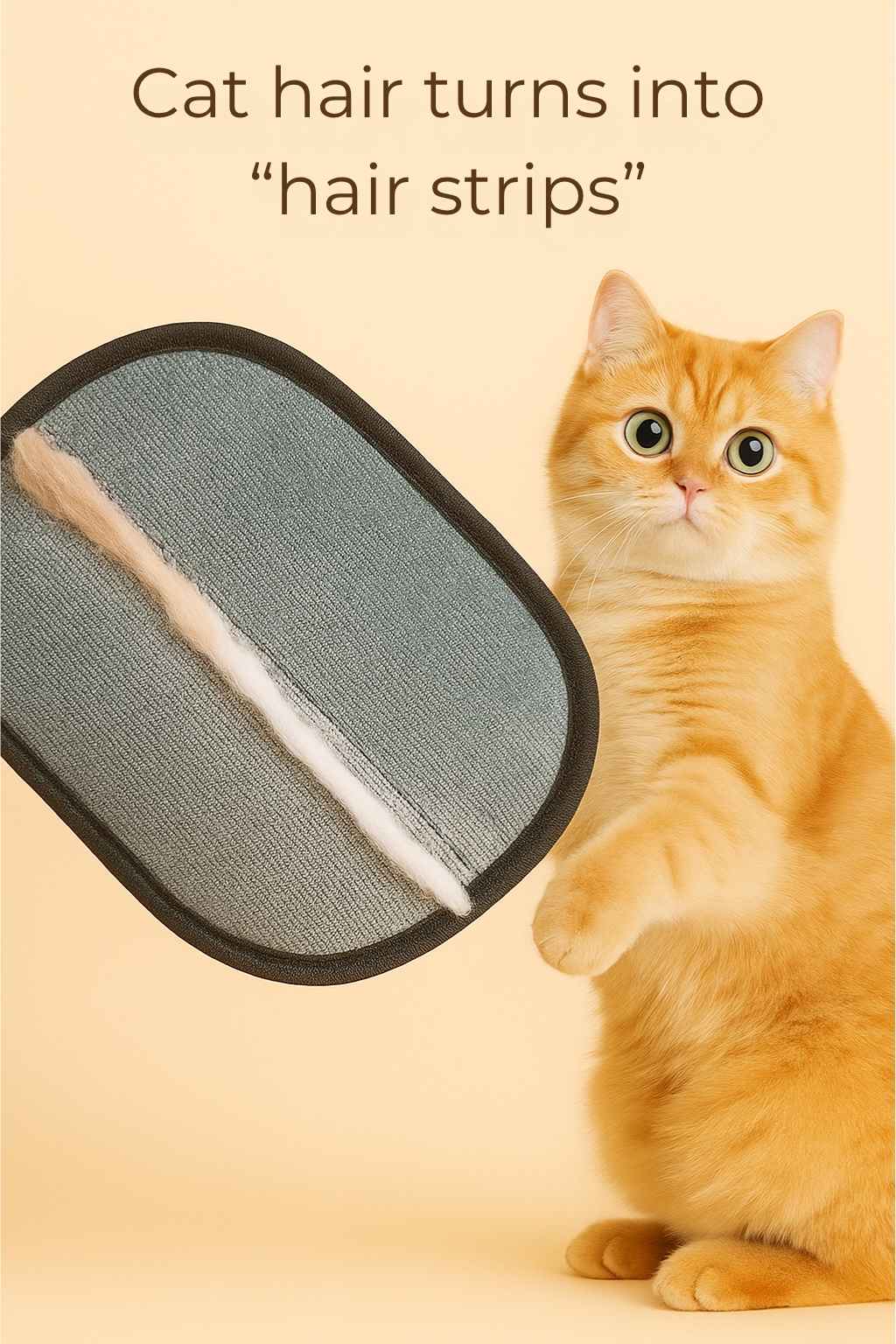 Cat hair remover glove with collected strip of fur next to an alert orange tabby cat and text showing hair removal effect.