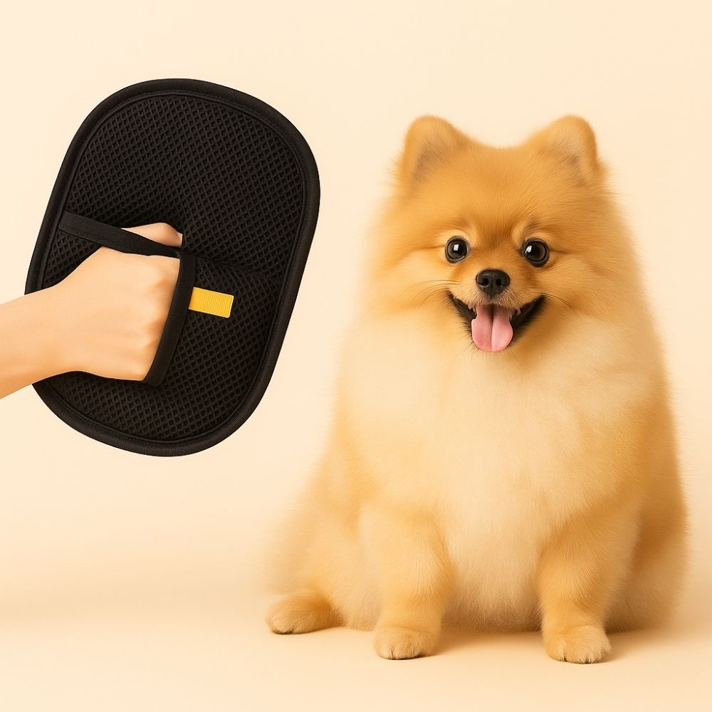 FluffyDen™ Hair Remover Glove placed beside a happy Pomeranian dog, showcasing its grooming purpose.