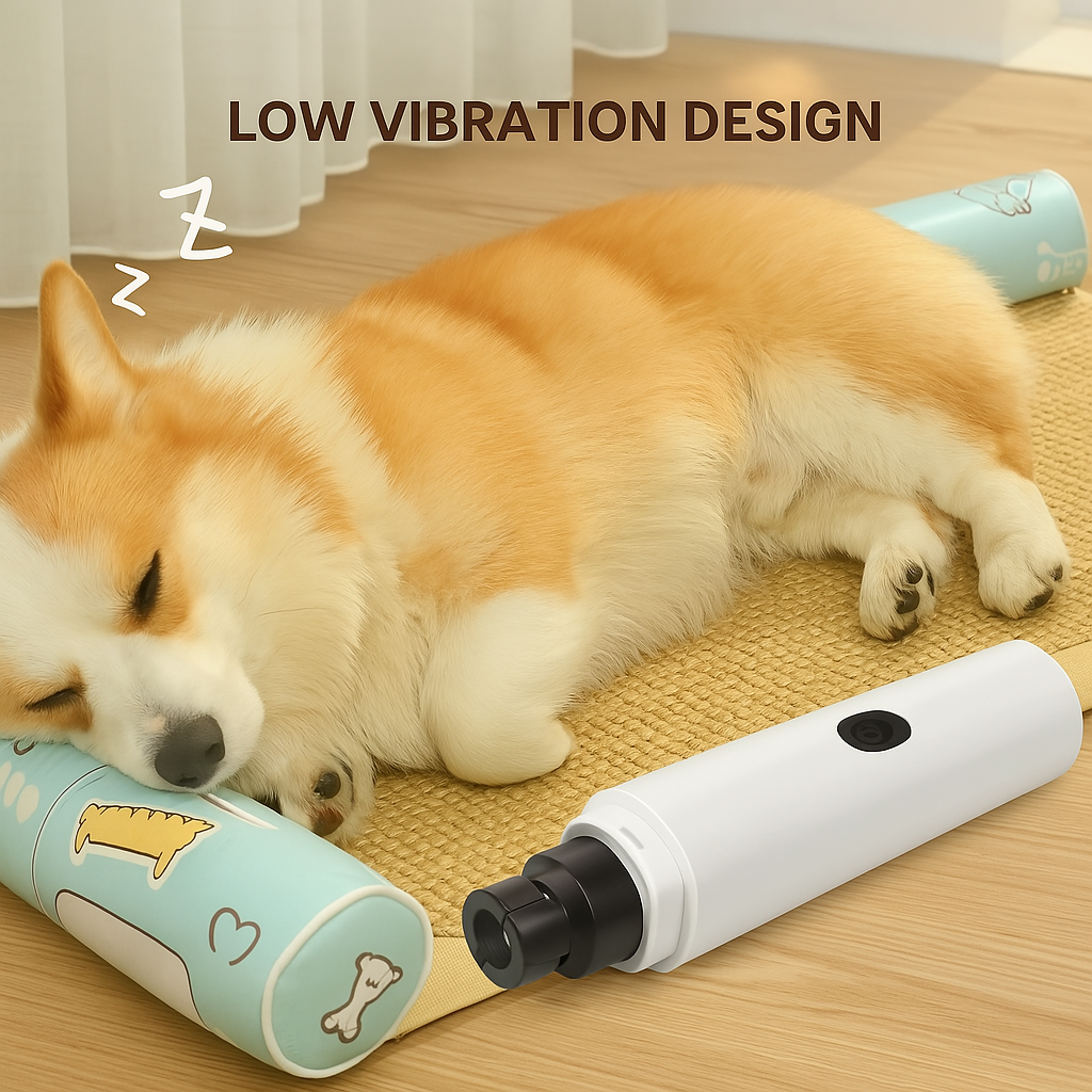Dog sleeping near FluffyDen™ LED Nail Grinder with low vibration design
