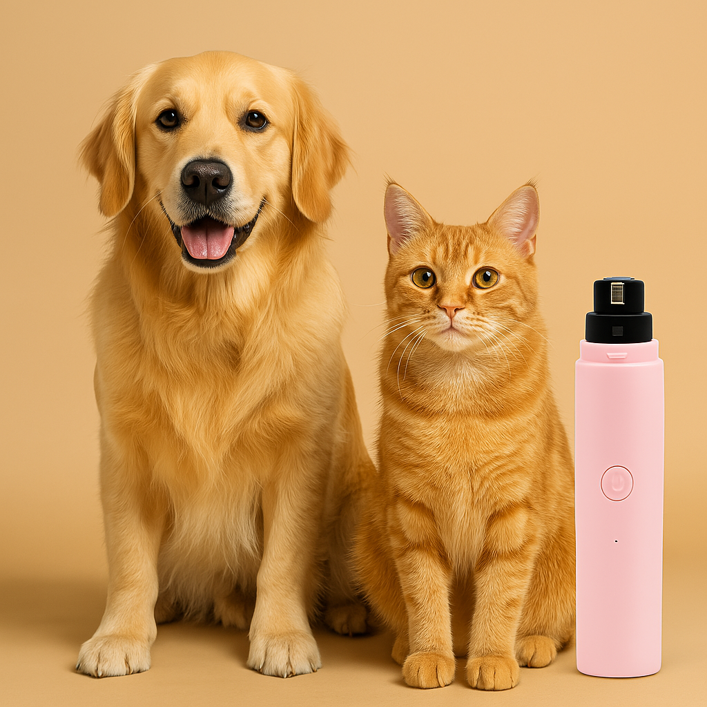 Golden retriever and orange tabby cat next to FluffyDen™ LED Nail Grinder