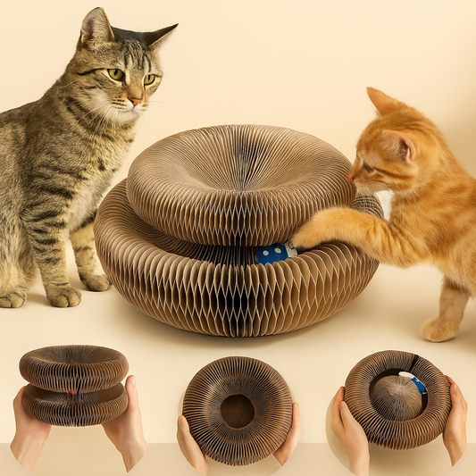 Cats playing with foldable FluffyDen™ Magic Cat Scratch Toy