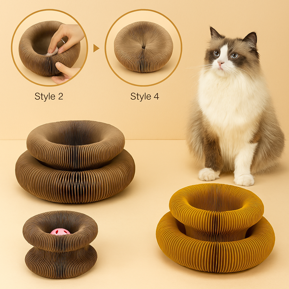 Cat interacting with FluffyDen™ Magic Cat Scratch Toy in different setups