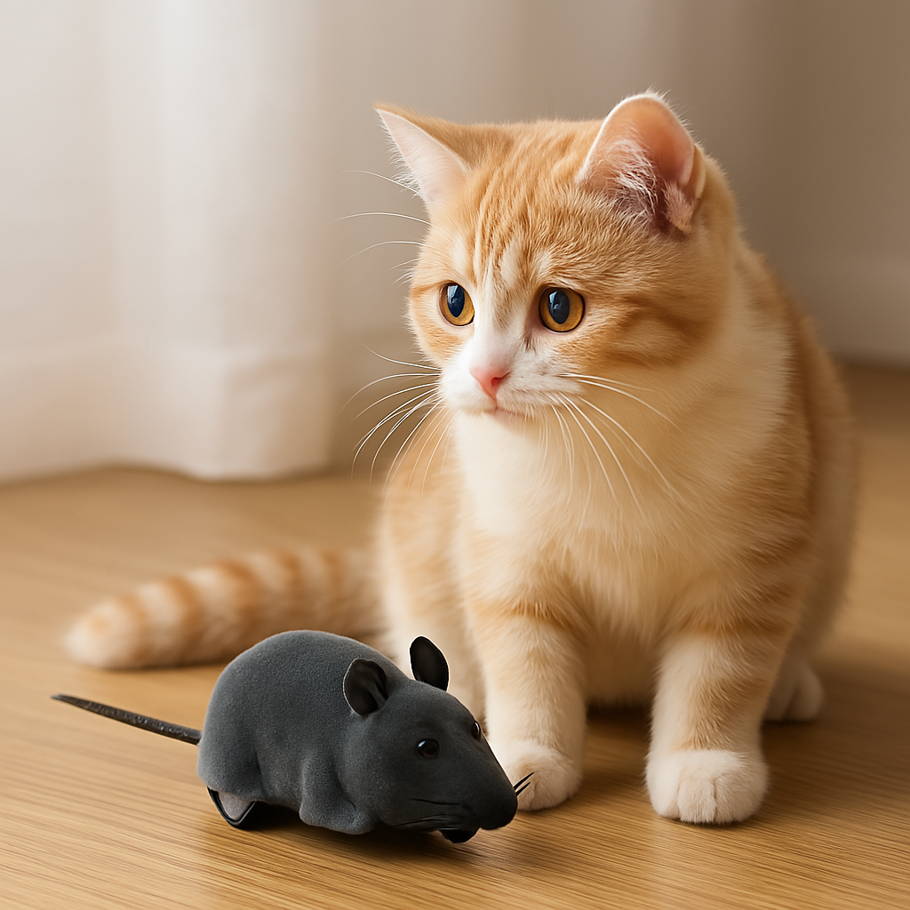 Orange tabby cat playing with FluffyDen™ Remote Control Mouse Toy