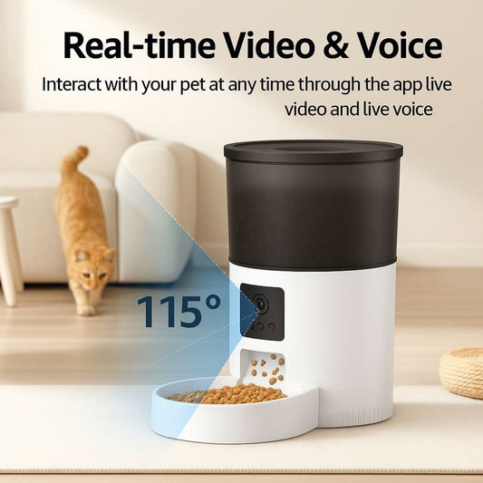 Automatic pet feeder displaying 115° camera angle and cat walking in the background, illustrating video surveillance coverage.