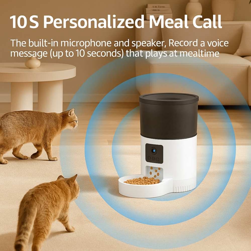 Two cats reacting to sound waves from smart feeder, highlighting the personalized meal call feature.
