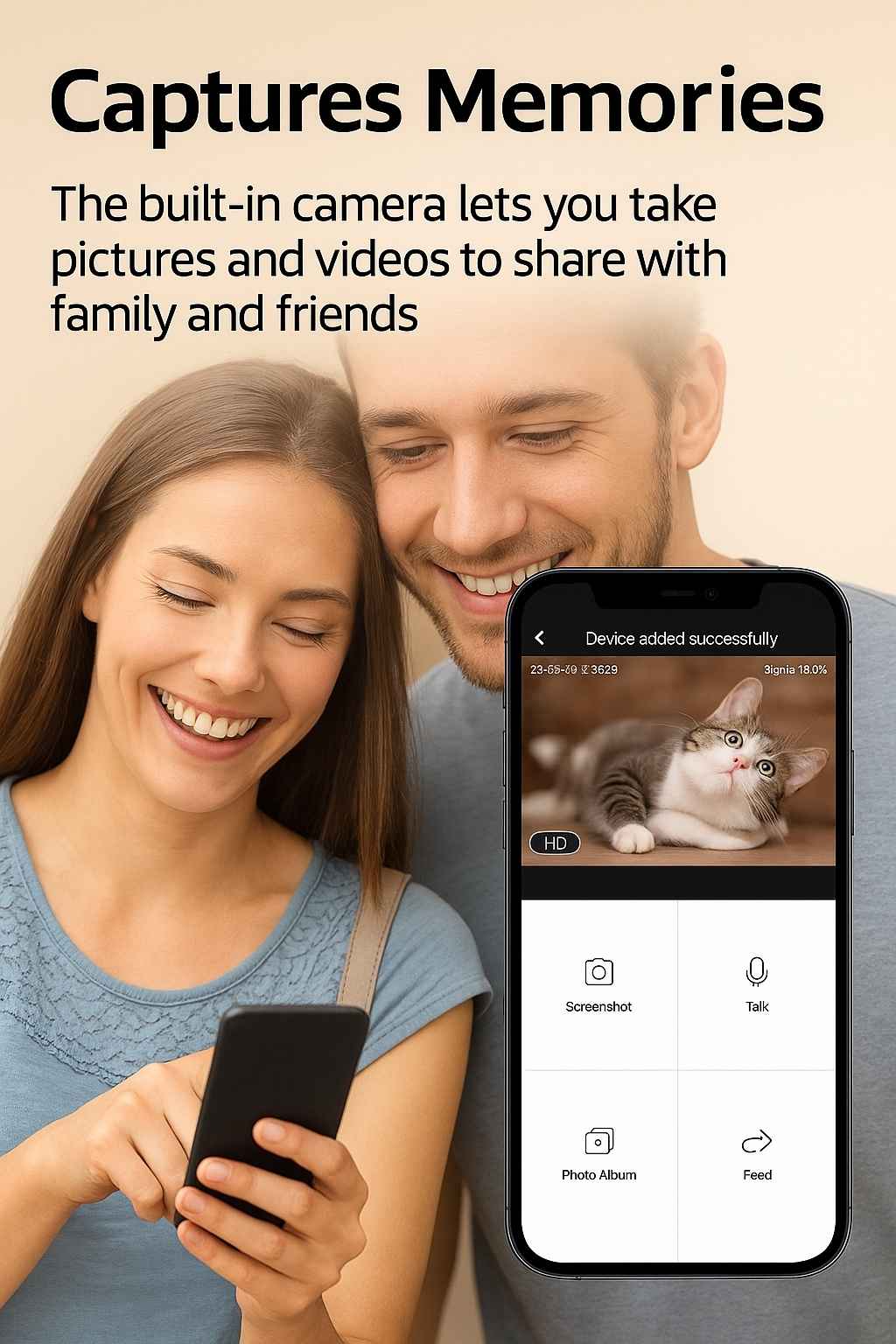 Couple smiling while viewing live video of their cat on a smartphone via smart pet feeder app.