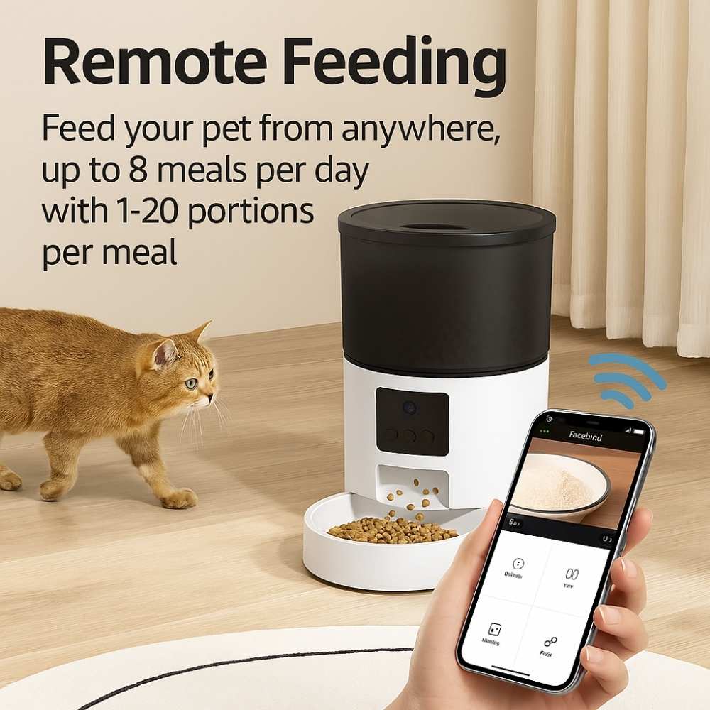 Pet feeder with camera and wireless control via smartphone, showcasing remote meal scheduling.