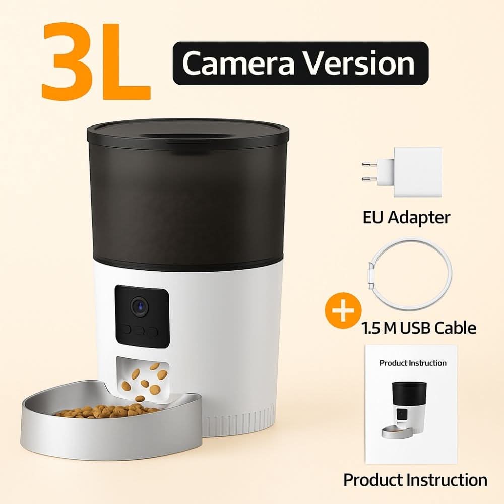 Package contents of 3L camera version pet feeder including device, EU adapter, USB cable, and manual on beige background.