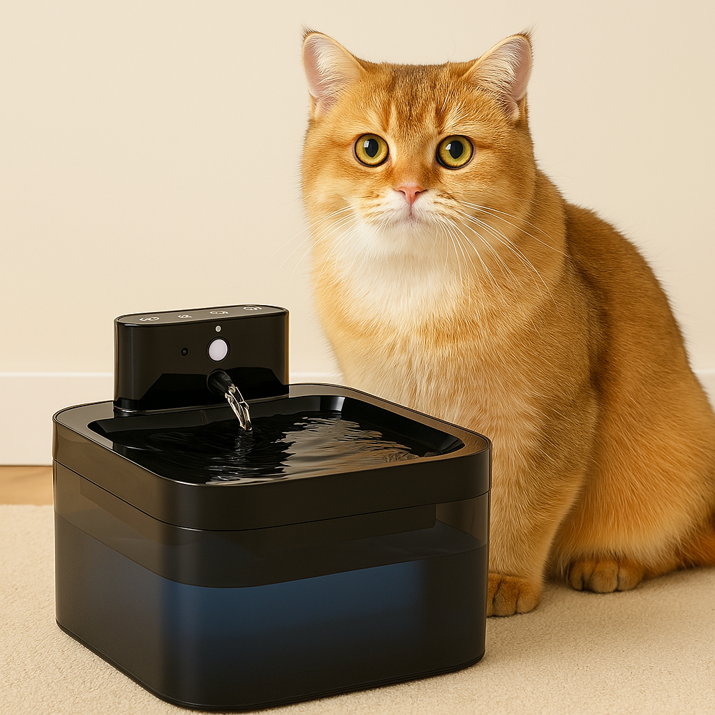 Orange cat sitting next to FluffyDen™ SmartFlow Wireless Pet Water Fountain
