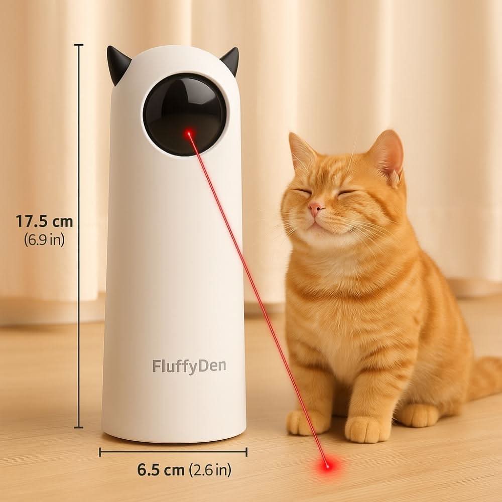 A white automatic laser cat toy stands beside a relaxed orange tabby cat, showcasing the product’s actual dimensions.
