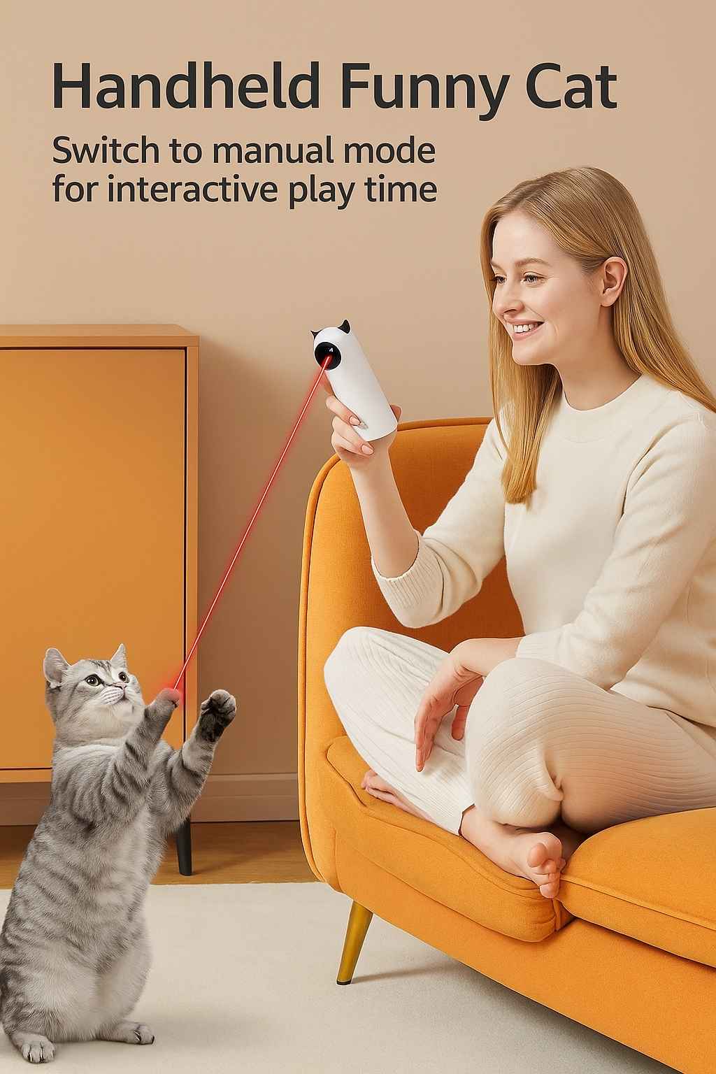 A woman plays with her cat using the FluffyDen™ SmartLaser Toy in handheld mode, with the laser aimed at the cat’s paw.