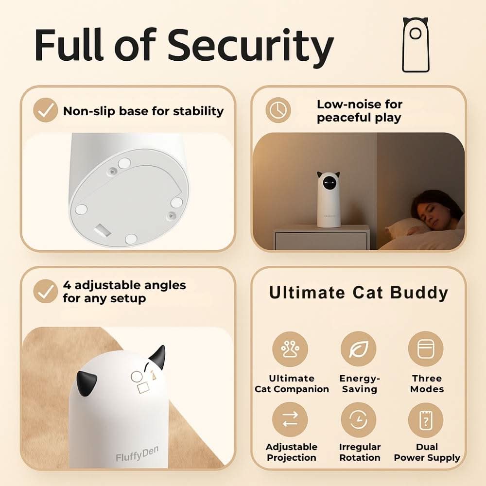 Infographic showing non-slip base, low-noise feature, adjustable angles, and icons for smart features of the SmartLaser Toy.