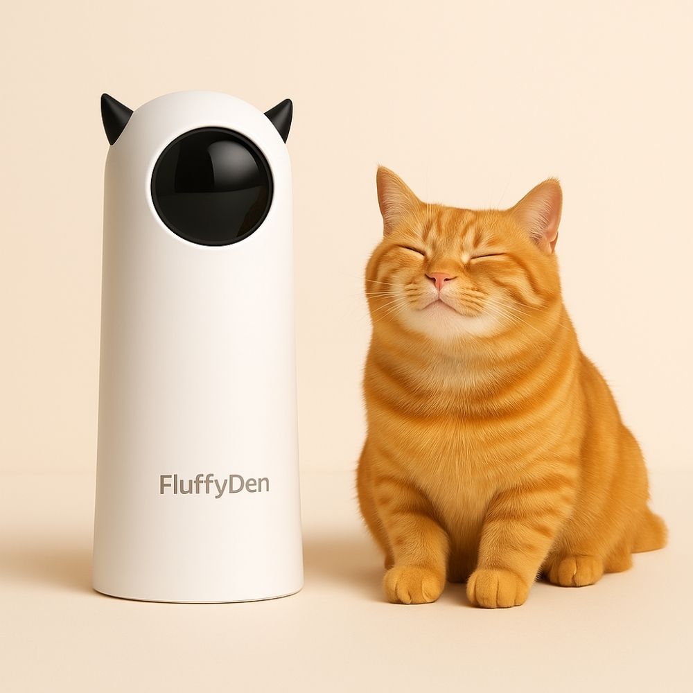 A content orange tabby cat sitting calmly next to the FluffyDen™ SmartLaser toy on a light wooden floor, conveying satisfaction and playtime joy.