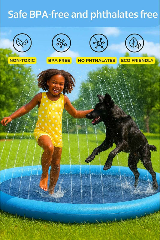 Happy child and black dog playing in water on a blue splash pad with BPA-free and eco-friendly icons.