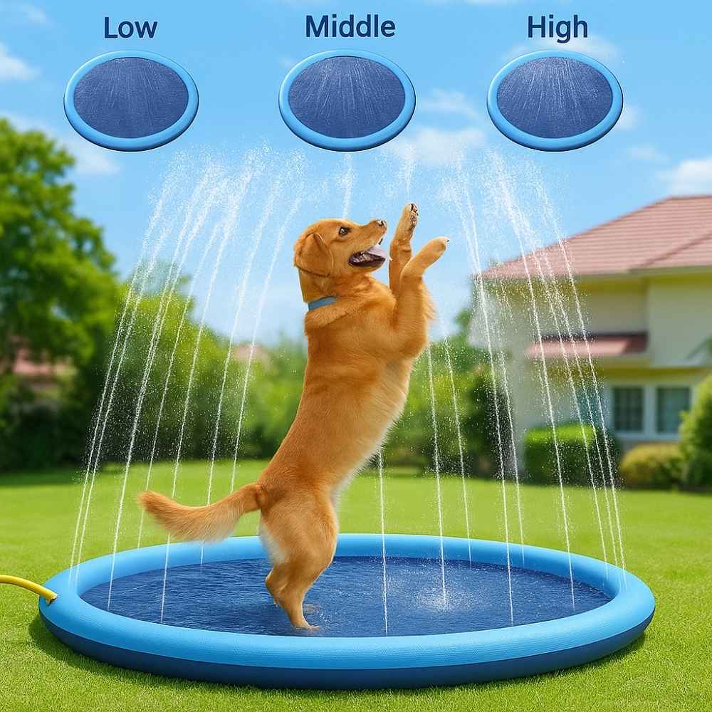 Golden retriever jumping through water streams on a splash pad with adjustable spray levels.