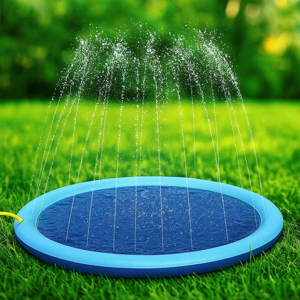 Empty blue splash pad spraying water upward on a green lawn, vibrant summer background.