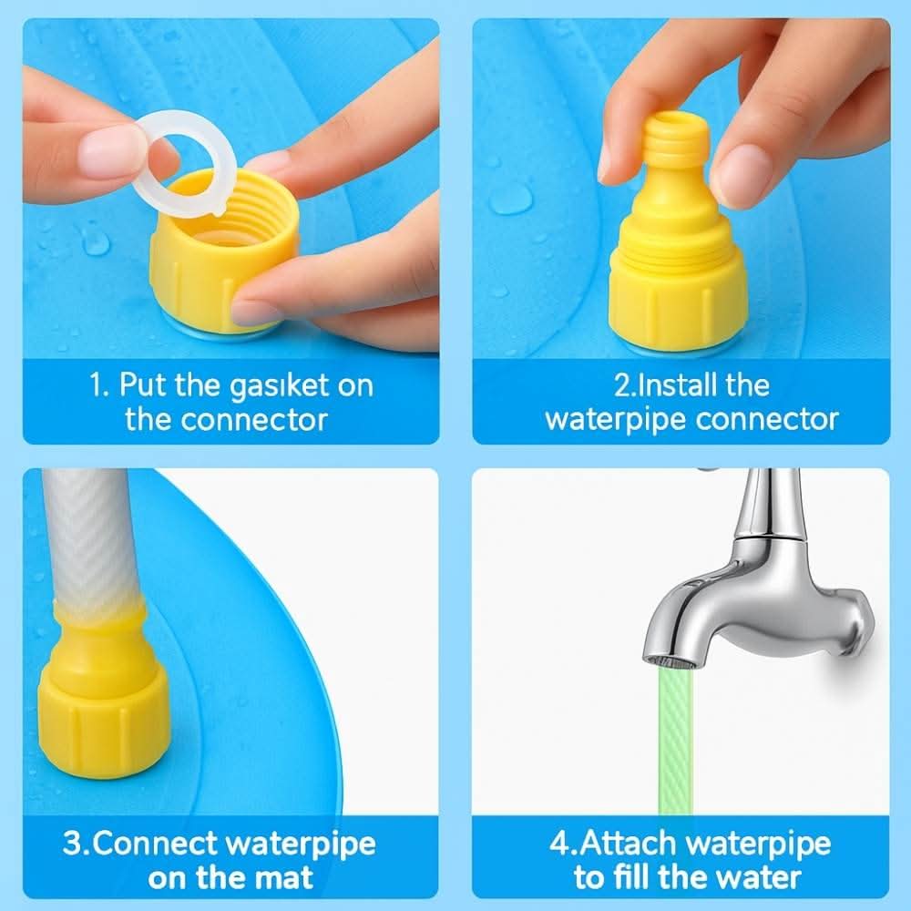 Step-by-step instructions showing how to connect a water pipe to the splash pad using a yellow adapter.