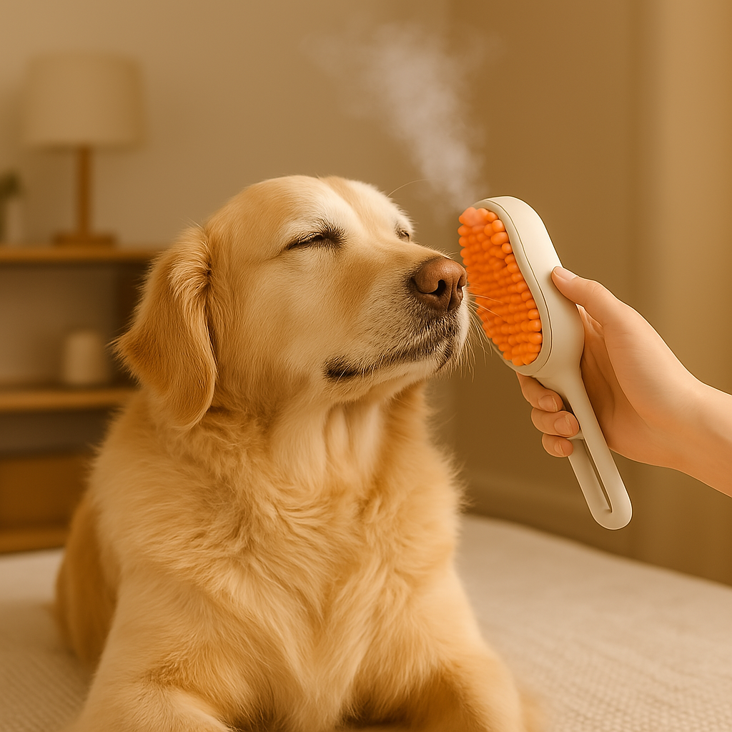 Dog enjoying grooming with FluffyDen™ SteamCare Pet Grooming Brush