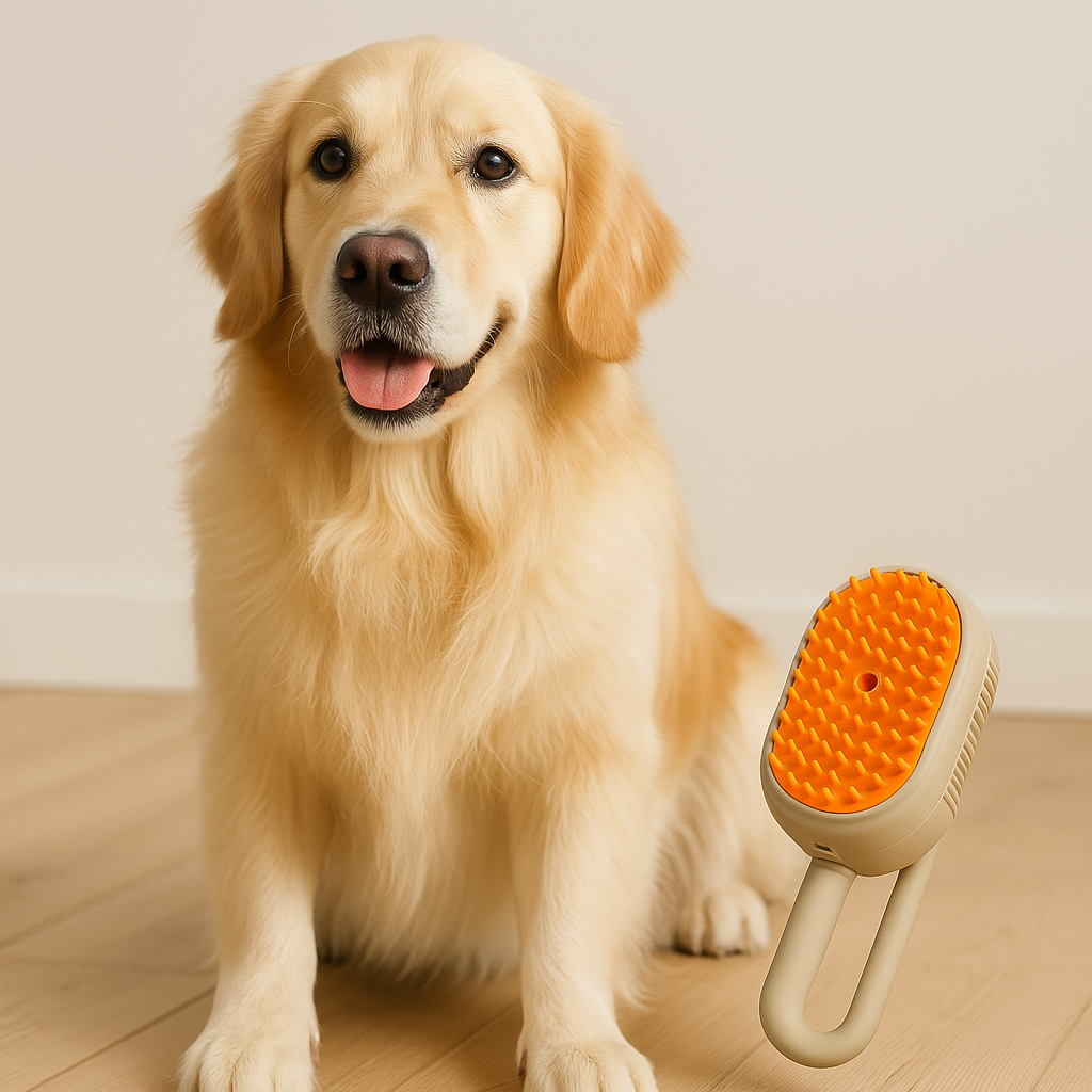 Golden retriever sitting next to FluffyDen™ SteamCare Pet Grooming Brush