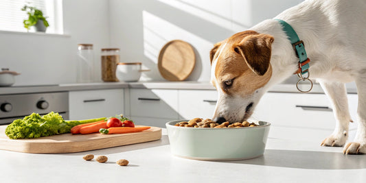 Dog eating healthy pet food in a modern kitchen – FluffyDen™ Pet Feeding Guide
