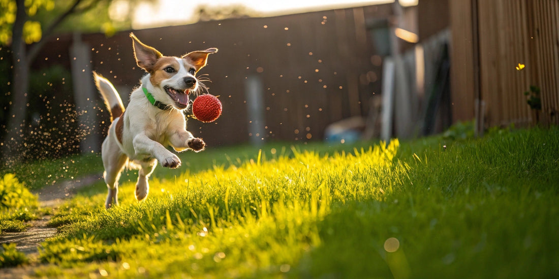 Energetic dog playing with a red ball in the backyard – FluffyDen™ Pet Playtime Importance