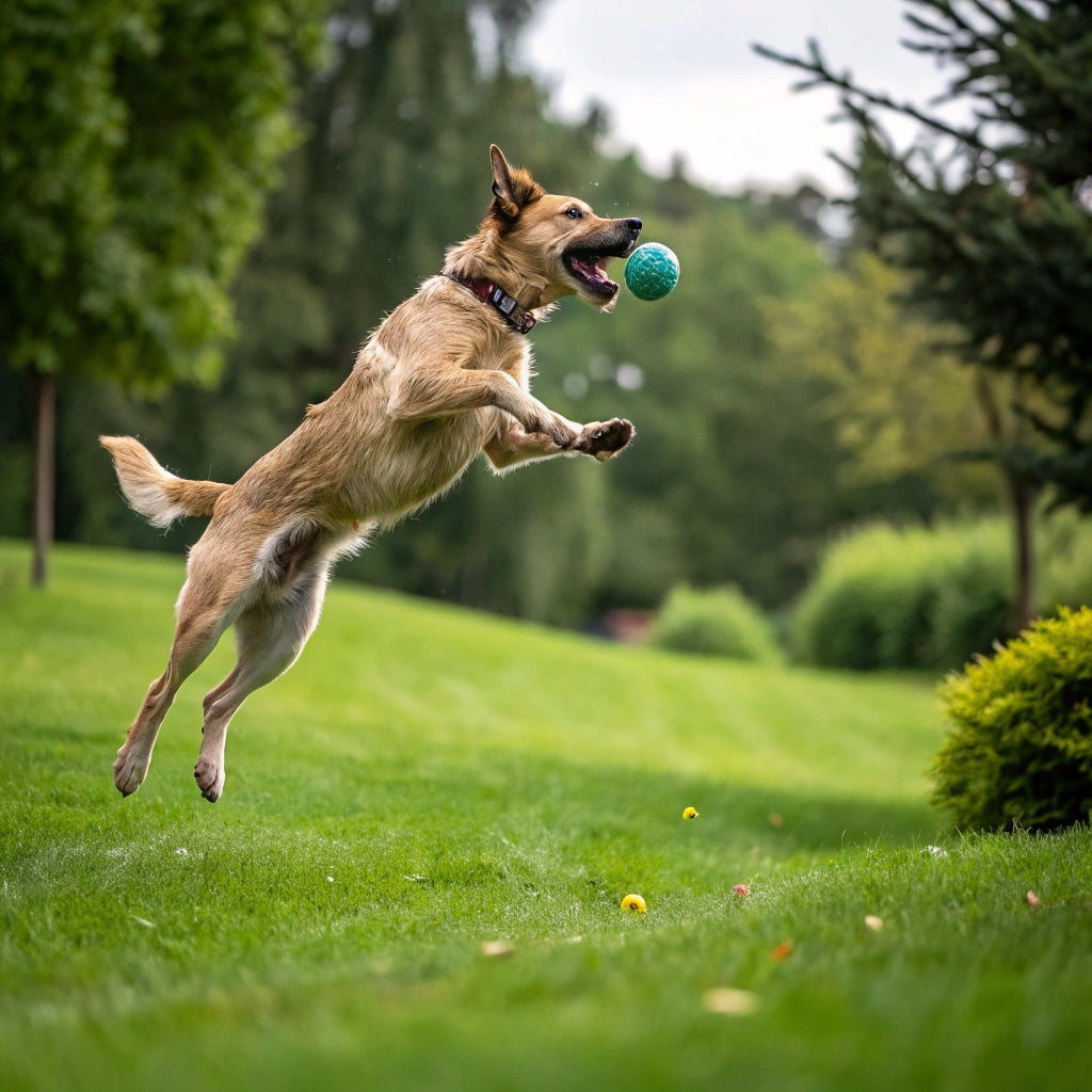 Happy dog running outdoors chasing a ball – FluffyDen™ Exercise and Play