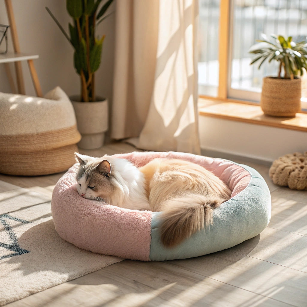 Cat resting comfortably in a cozy pink FluffyDen™ pet bed