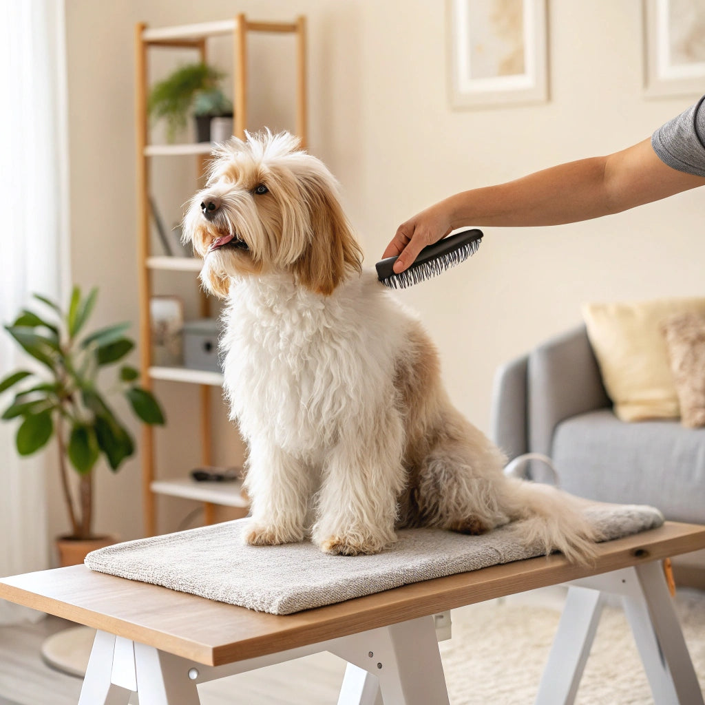Dog standing on grooming table getting brushed – FluffyDen™ Grooming Tips