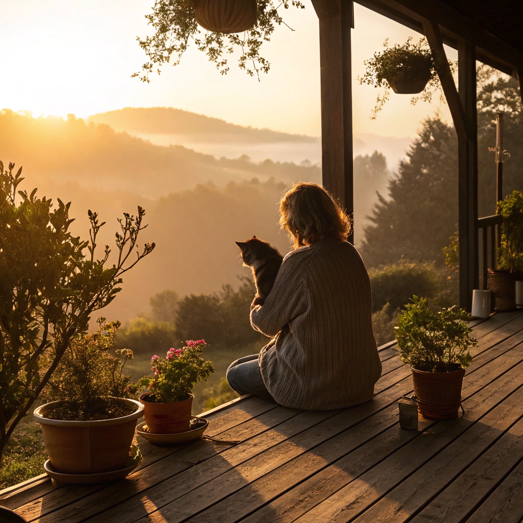 Woman sitting on a porch with a cat at sunset – FluffyDen™ Brand Story