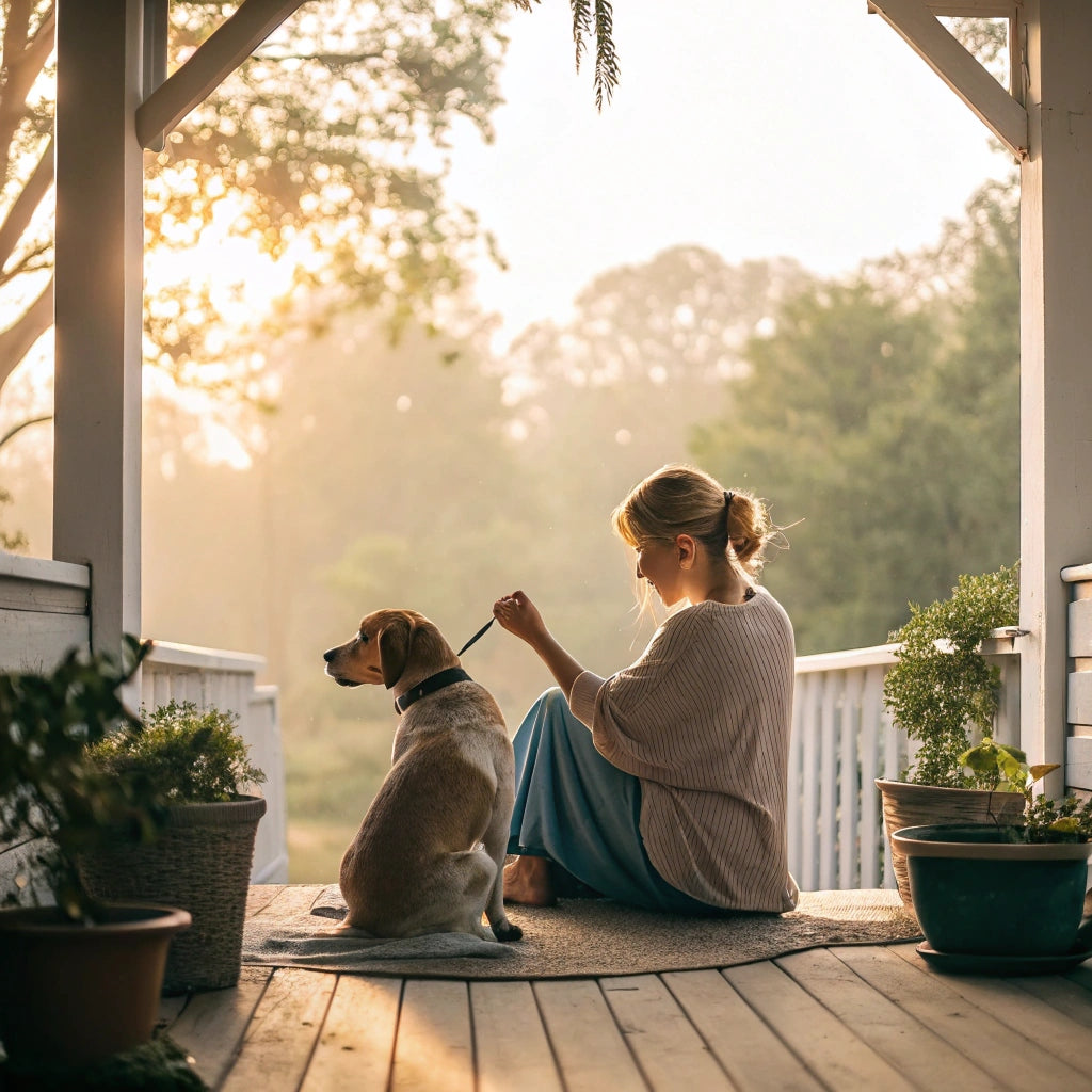 Woman and dog sitting together on a porch at sunrise – FluffyDen™ Pet Care Tips