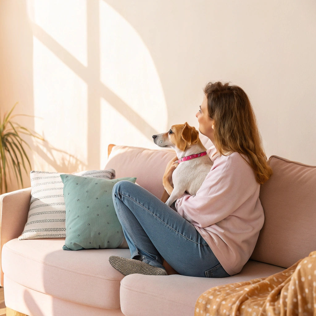 Woman cuddling her dog on a sunlit couch, FluffyDen™ cozy living