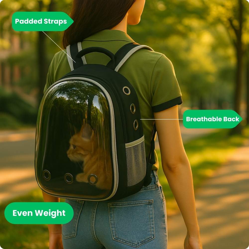 Person wearing a pet backpack with a cat inside, set against a blurred outdoor background.