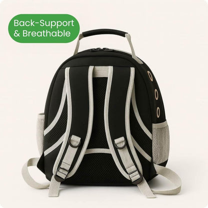 Black and gray backpack with back support and breathable features on a white background
