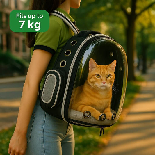 Person carrying a transparent pet backpack with a cat on a blurred outdoor background