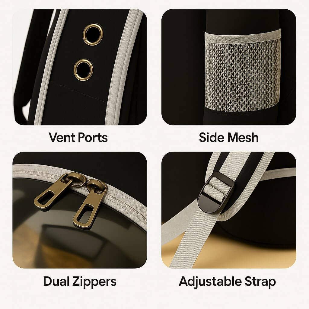 Product features including vent ports, side mesh, dual zippers, and adjustable strap on a black background.