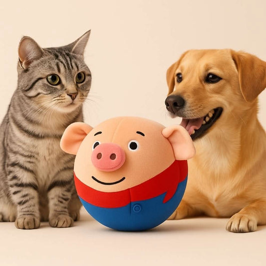 A digital photo of the FluffyDen™ Bouncy Pig toy placed in the center, with a curious cat on the left and a playful dog on the right, all on a soft beige background