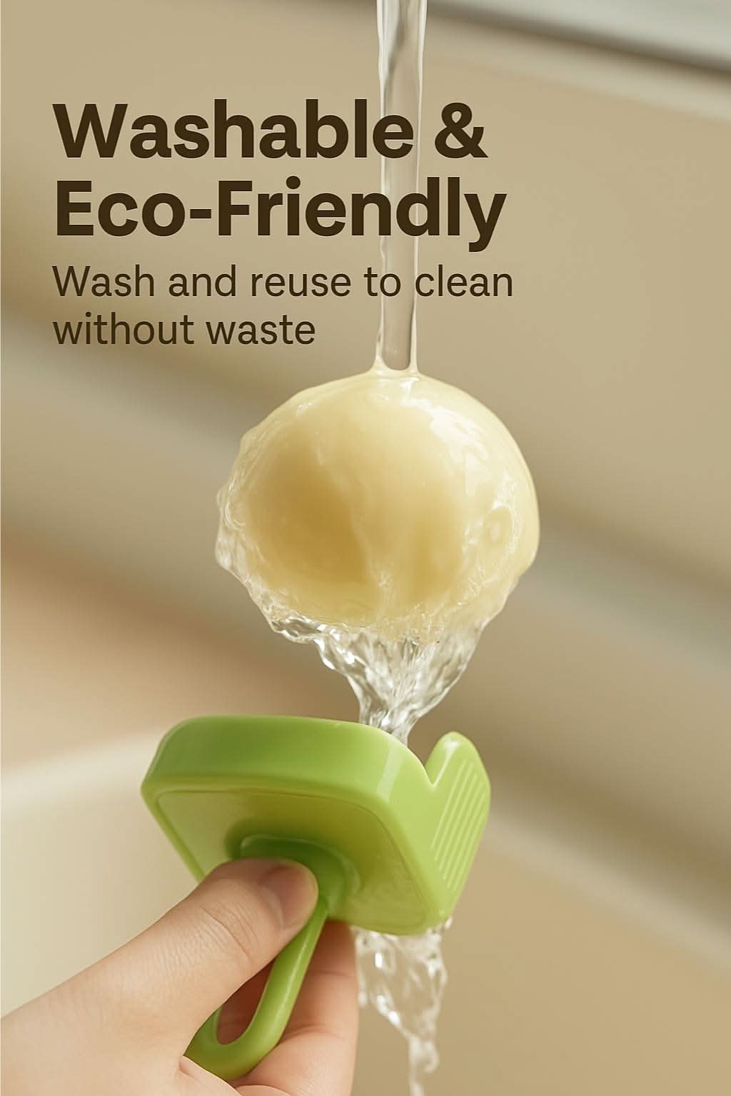 Eco-friendly washable lint roller being rinsed under running water in hand
