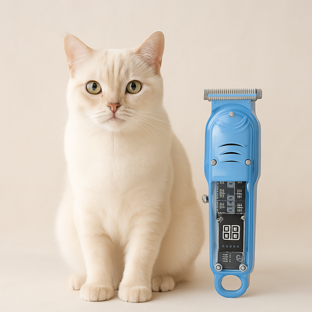 Cat sitting next to FluffyDen™ ClearView Pet Clip trimmer for sensitive pets
