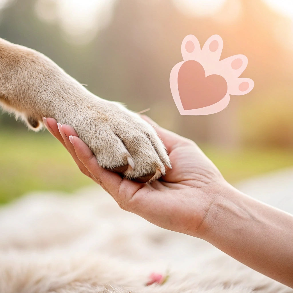 Human hand touching dog paw symbolizing FluffyDen™ pet care connection
