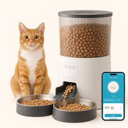 Automatic 4L dual-bowl pet feeder with ginger cat and smartphone control app interface