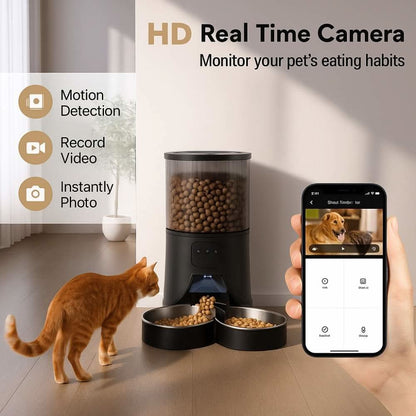 Smart pet feeder with HD camera and motion detection, showing live video of a dog on smartphone while cat eats from dual bowls