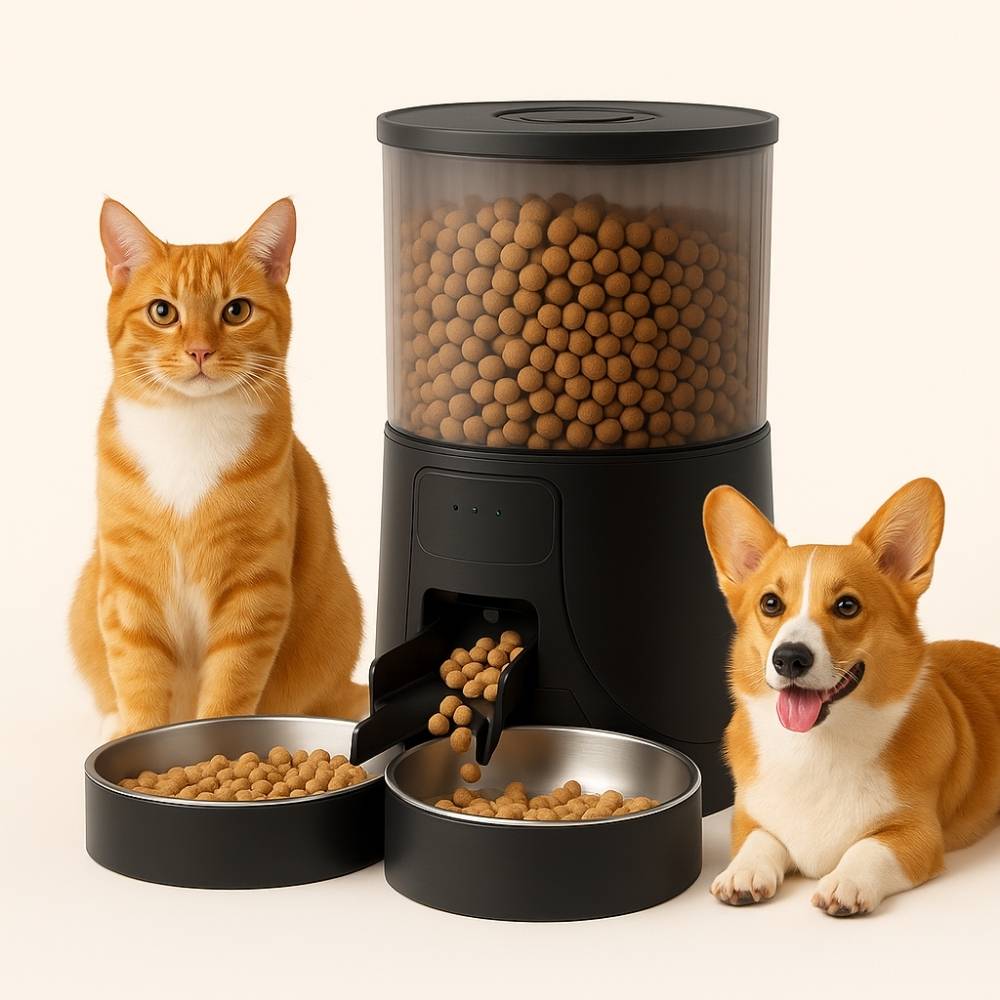 Automatic pet feeder with stainless steel dual bowls, surrounded by a cat and a dog sitting on each side — ideal for feeding two pets at once.