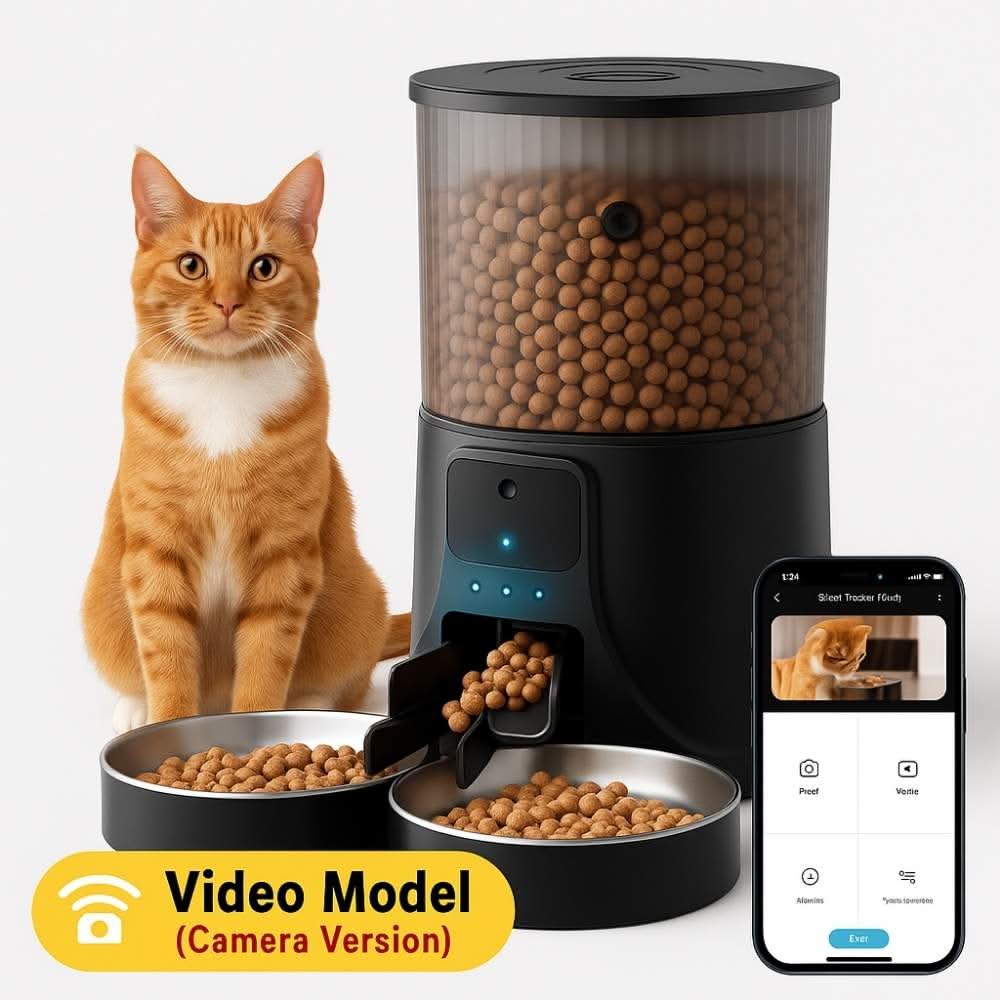 4L dual-bowl automatic pet feeder with built-in camera, ginger cat, and smartphone showing live video feed in camera version